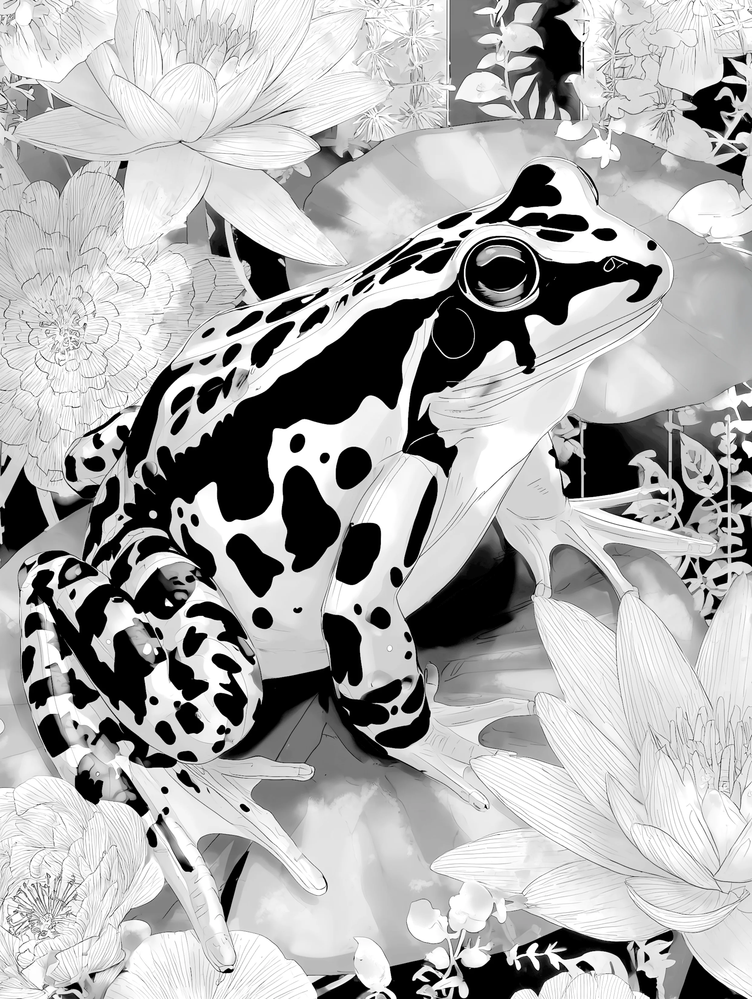 Free printable frog coloring page for adults featuring frog with black markings